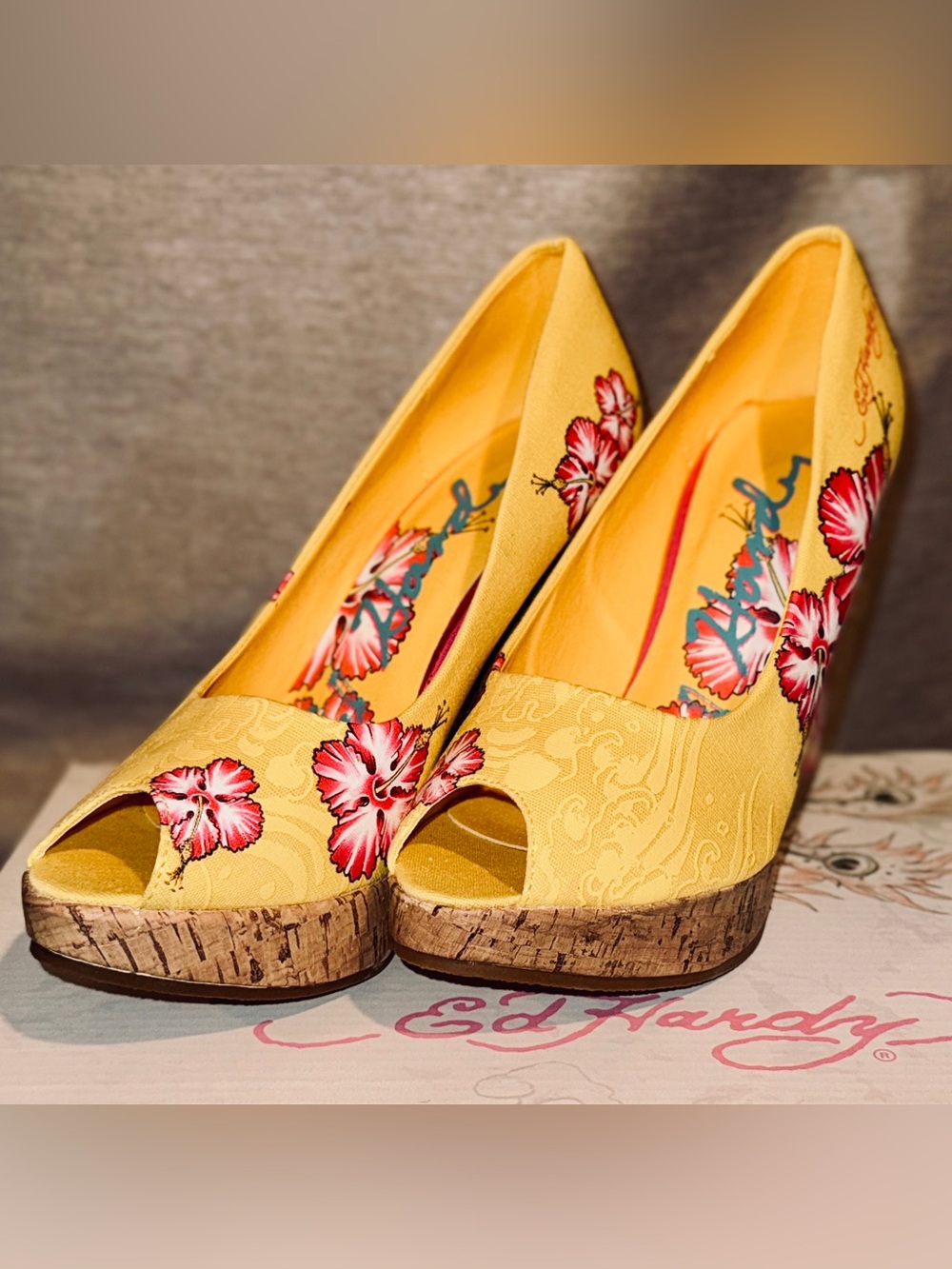 Ed Hardy Yellow Floral Peep-Toe Platform Heels